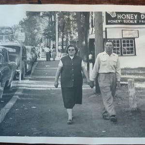 Vintage 1940's Couple Walking in Town Black and White Photograph 5x7