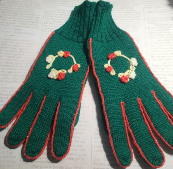 Vintage Wool Green Knit Gloves NOS Etsy