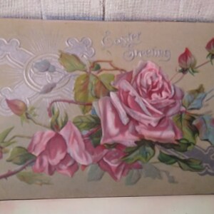 Antique 1910 Embossed Easter Roses and Lilies Postcard