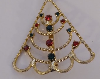 Vintage Red and Green Rhinestone Christmas Tree Pin