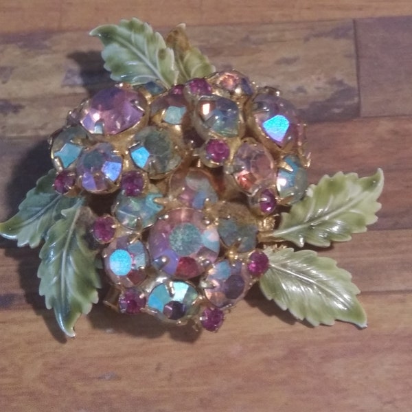 Vintage Floral Rhinestone Brooch Unsigned