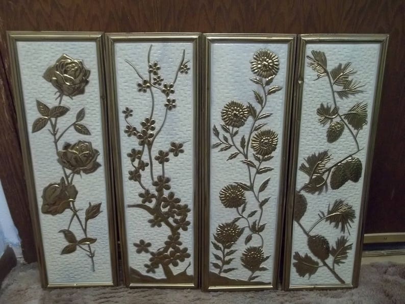 Vintage Mid Century Metal Wall Art Plaques Four Seasons Fl Flowers Made In Holland