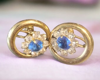 Vintage Blue Rhinestone Screw Back Earrings