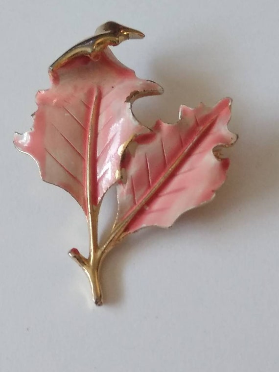 Vintage Pink Enamel Leaf Brooch - image 1