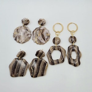 Ohrringe Polymer Clay Braun Beige Gold, Statement Ohrringe handgefertigt, 3 Designs, Edelstahl goldfarben, Boho Geschenk