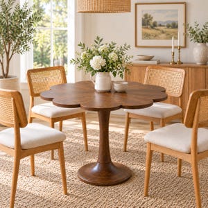 May include: A round, dark brown wooden dining table with a scalloped, flower-shaped edge and a central pedestal base. Four chairs with light beige upholstered seats and natural wood frames featuring woven cane backrests surround the table.