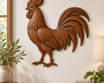 May include: A brown, carved wall-mounted rooster sculpture featuring detailed plumage, a prominent comb, and a wattle. The rooster is depicted in profile, facing left, with textured feathers and defined legs, mounted on a plain, light-colored wall.