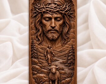 May include: A rectangular wooden wall plaque featuring a detailed relief carving of the face of Jesus wearing a crown of thorns. Below the face, a smaller figure of Jesus walks through a mountainous landscape with a sheep in the foreground.