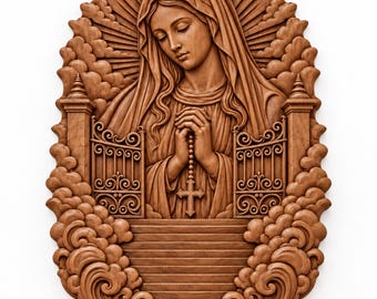 May include: A brown wood wall carving depicting a figure with a head covering, hands clasped in prayer holding a rosary with a cross. The figure is framed by ornate gates, a staircase, and stylized clouds with radiating sunbeams.