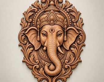 May include: A wooden wall plaque featuring a detailed relief carving of the deity Ganesha. The figure is adorned with an ornate crown, jewelry, and a forehead marking, all framed by intricate, symmetrical scrolling leaf patterns.