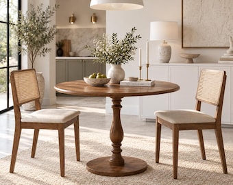 May include: A round wooden dining table with a central pedestal base and two matching chairs featuring light-colored upholstered seats and woven cane backrests. The table surface holds a ceramic bowl with green fruit and a white vase with greenery.