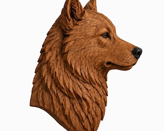 May include: A brown, carved wooden wall sculpture depicting the head of a wolf in profile. The piece features detailed, textured fur patterns, pointed ears, and a smooth, dark-colored nose, capturing the animal's alert expression and features.