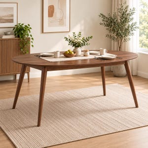 May include: An oval-shaped wooden dining table with a dark brown finish and four tapered legs. The table is set with a light-colored runner, two white ceramic mugs, two white plates, a small wooden bowl containing green fruit, and a vase with flowers.