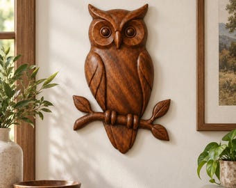 May include: A brown, carved wall-mounted owl sculpture perched on a branch with leaves. The owl features detailed plumage textures, large circular eyes, and a pointed beak, rendered in a warm, polished wood-toned finish for wall display.