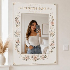 Espejo de pared floral con nombre personalizado, decoración de rosas personalizada, impresión digital sobre Dekota y plexiglás, elegante regalo para el hogar, varios tamaños.