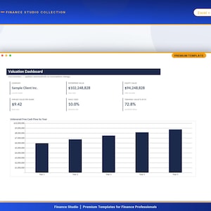 May include: A digital valuation dashboard template for Excel and Google Sheets titled Finance Studio Collection. The interface displays a Valuation Dashboard with financial metrics for Sample Client Inc., including enterprise and equity values, and a bar chart showing Unlevered Free Cash Flow by Year from Year 1 to Year 5.