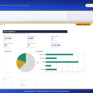 May include: A digital Close Dashboard template for Excel and Google Sheets by Finance Studio. The interface displays metrics for July 2026, including 18.8% completion, 10 tasks not started, 3 in progress, and a pie chart and bar graph for task status.