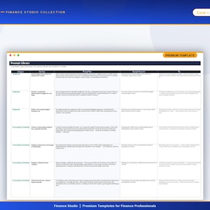 May include: A digital spreadsheet template titled Prompt Library with columns for Category, Use Case, Prompt Text, Example Scenario, and Tip. The interface features a blue header with Finance Studio Collection text and an Excel + Google Sheets label.