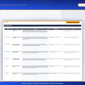 May include: A digital spreadsheet template titled Prompt Library for Finance Studio Collection. The table features columns for Category, Use Case, Prompt Text, Example Scenario, and Tip, with rows detailing financial analysis workflows.