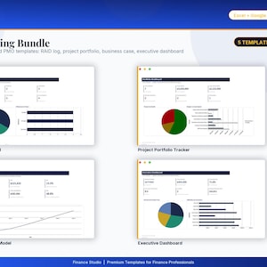 May include: A digital consulting bundle featuring five templates for Excel and Google Sheets. The display includes a PMO dashboard, project portfolio tracker, business case model, and executive dashboard with various charts, graphs, and data tables.