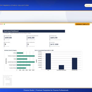 May include: A digital Fixed Asset Dashboard template for Excel and Google Sheets by Finance Studio. The interface displays financial metrics including total asset cost, accumulated depreciation, net book value, active assets, and a bar chart analysis.