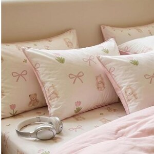 Pink Bows and Teddy Print Microfiber Pillowcase | Baby Nursery Pattern