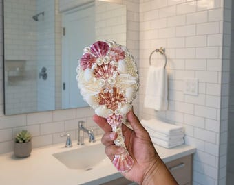 Handcrafted Seashell Handheld Mirror | Sea Shell Coastal Vanity Mirror | Gift for Her | Beach House Decor  (single pack, 10"x4.7" )