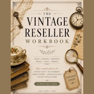 Op de afbeelding: Een werkboek getiteld The Vintage Reseller Workbook met tekst zoals Plan, Source, Identify, Price, Sell, Profit. Bevat een koperen sleutel, zakhorloge, theekopje, stapel boeken, vergrootglas en een label met Vintage Finds.