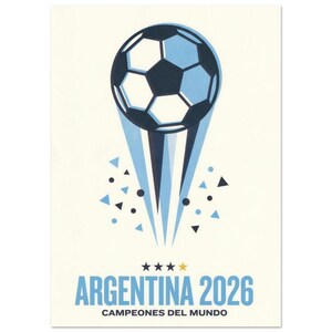 May include: A graphic illustration of a soccer ball with black and white panels, featuring light blue motion lines and geometric shapes. Below, the text reads ARGENTINA 2026 CAMPEONES DEL MUNDO, accompanied by three black stars and one gold star.