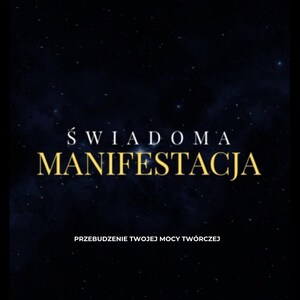 Pode incluir: Uma capa de livro com um fundo de céu noturno estrelado escuro. O título diz ŚWIADOMA MANIFESTACJA em letras douradas, com o subtítulo PRZEBUDZENIE TWOJEJ MOCY TWÓRCZEJ abaixo. O nome da autora, BEATA ULATOWSKA, está na parte inferior.