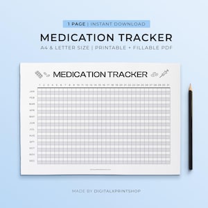 May include: A printable medication tracker document featuring a grid with months listed vertically and days 1 through 31 horizontally. The header reads MEDICATION TRACKER with icons of pills and a syringe. A black pencil is positioned to the right.