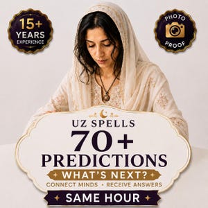 May include: A person wearing a cream-colored head covering and embroidered top with a dark pendant necklace. A sign displays the text: UZ SPELLS 70+ PREDICTIONS WHAT'S NEXT? CONNECT MINDS RECEIVE ANSWERS SAME HOUR. Two gold-trimmed badges read 15+ YEARS EXPERIENCE and PHOTO PROOF.
