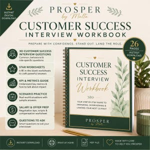 Può includere: Un quaderno di lavoro per colloqui di Customer Success con rilegatura a spirale, copertina color crema, bordi verde scuro e illustrazioni di foglie ad acquerello. La copertina riporta il titolo, il marchio Prosper by Malta e 26 pagine.