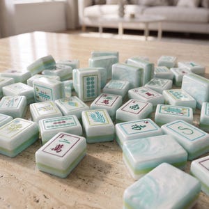 May include: A collection of rectangular Mahjong tiles featuring a marbled light green and white finish. Each tile displays distinct symbols, characters, and patterns in colours including green, red, and blue, scattered across a textured beige surface.