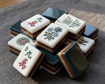 Mahjong Tile Set, Green Brown American Style, Classic Table Game Pieces