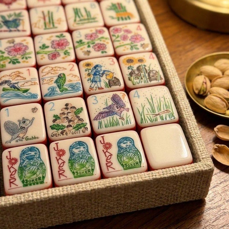 May include: A set of rectangular mahjong tiles arranged in a textured tray. Each tile features colorful illustrations of nature, animals, and plants, with some tiles displaying numbers or the word JOKER alongside a Russian nesting doll graphic.