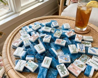 American Mahjong Set, Ocean Theme Blue Acrylic 160 Tiles, Coastal Board Game Night Gift