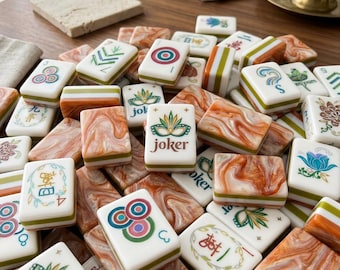Tuiles de Mahjong en marbre orange, jeu de Mahjong américain à 4 niveaux, cadeau idéal pour une soirée jeux.
