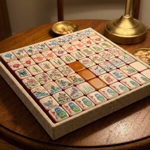May include: A square game set featuring numerous off-white tiles with colorful illustrations of flowers, animals, and hot air balloons, arranged in a grid within a textured beige tray. Three solid amber-colored tiles are placed in the center.