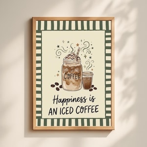 Retro Sage Green Coffee Poster, Striped Border Art Print, Quirky Kitchen Wall Decor, Iced Coffee Quote Sign, Dopamine Coffee Lover Gift