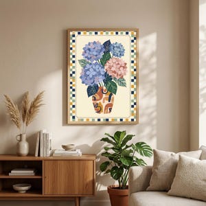 Modern hortensiakonsttryck, botanisk blomposter, eklektisk rutig väggkonst, färgglad blommig risografdekor, estetiskt A2-tryck