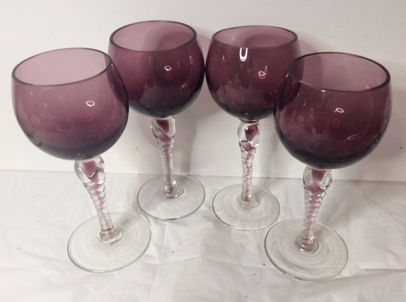 Mid Century amethyst glass thick stem wine glasses - set of 4