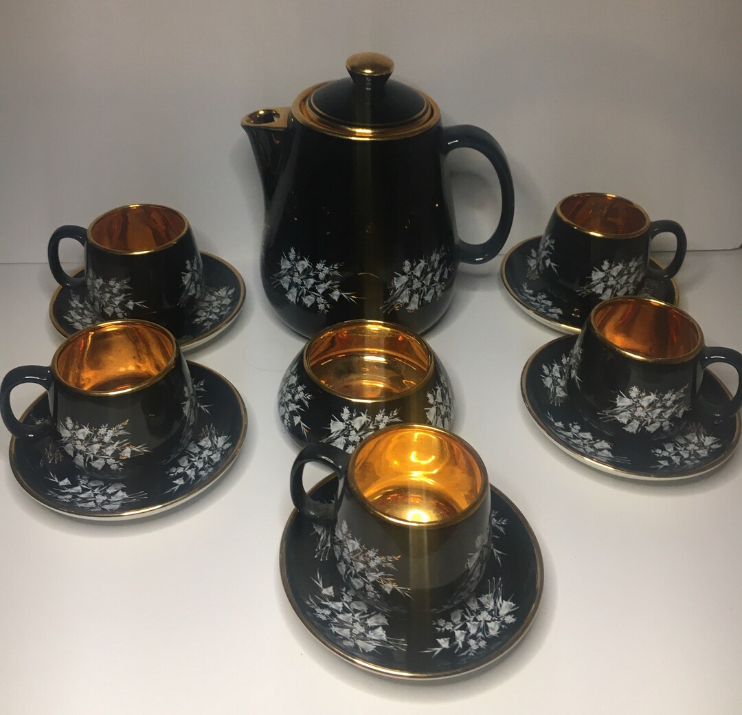Vintage Prinknash Pottery Coffee Set. Black and Gild Enamel With Floral