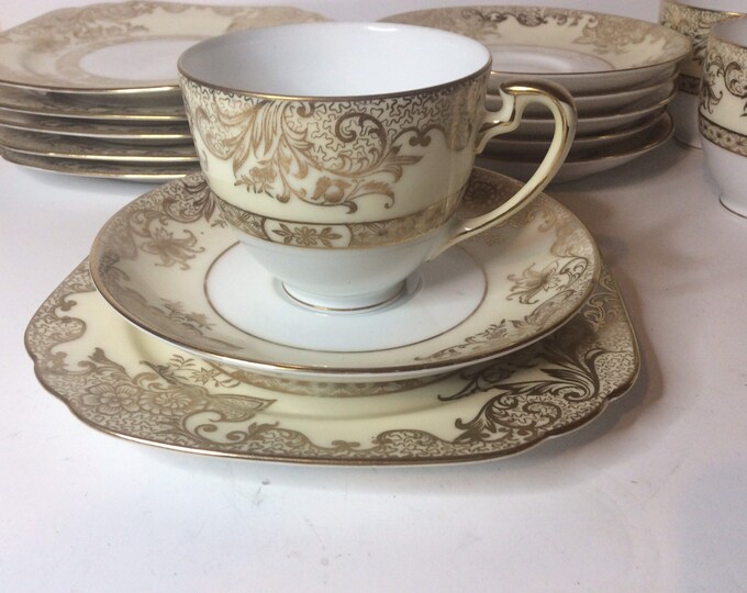 Vintage Noritake Japan Tea Set Trio, Set of 6. Hand Painted Gold Gilt