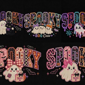 Puede incluir: Cinco diseños de bordado distintos con temática de Halloween sobre un fondo negro. Cada uno presenta la palabra SPOOKY en varios patrones, incluyendo fantasmas, un gato negro, calabazas, murciélagos, telarañas y lazos. Un diseño incluye el texto BOO Crew y BOO.