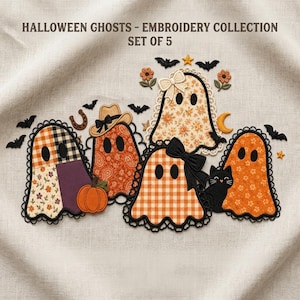Halloween Ghost Applique Embroidery Bundle, Patchwork Pumpkin Bow Cowboy Ghost Machine File, Cute Spooky Digital Embroidery Design Sets