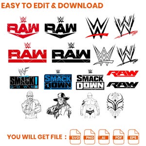 Pode incluir: Uma coleção de arquivos gráficos digitais com logotipos da WWE, incluindo RAW e SmackDown, símbolos W estilizados e ilustrações de linha em preto e branco de lutadores e uma máscara de luta. O texto EASY TO EDIT & DOWNLOAD está no topo.