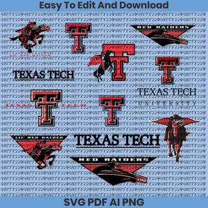 May include: A digital collection of Texas Tech Red Raiders logos and wordmarks in red, black, and white. The graphics include the double T emblem, a horse and rider mascot, and the text Texas Tech University, all set against a repeating watermark.