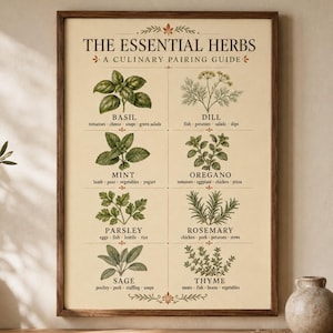 May include: A framed wall print titled THE ESSENTIAL HERBS A CULINARY PAIRING GUIDE. The poster features botanical illustrations of basil, dill, mint, oregano, parsley, rosemary, sage, and thyme, each with a list of suggested food pairings.