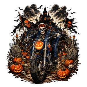 Scary Skeleton Rider PNG, Men's Halloween Shirt Design, Spooky Jack O Lantern, Gothic Biker Art, Digital File